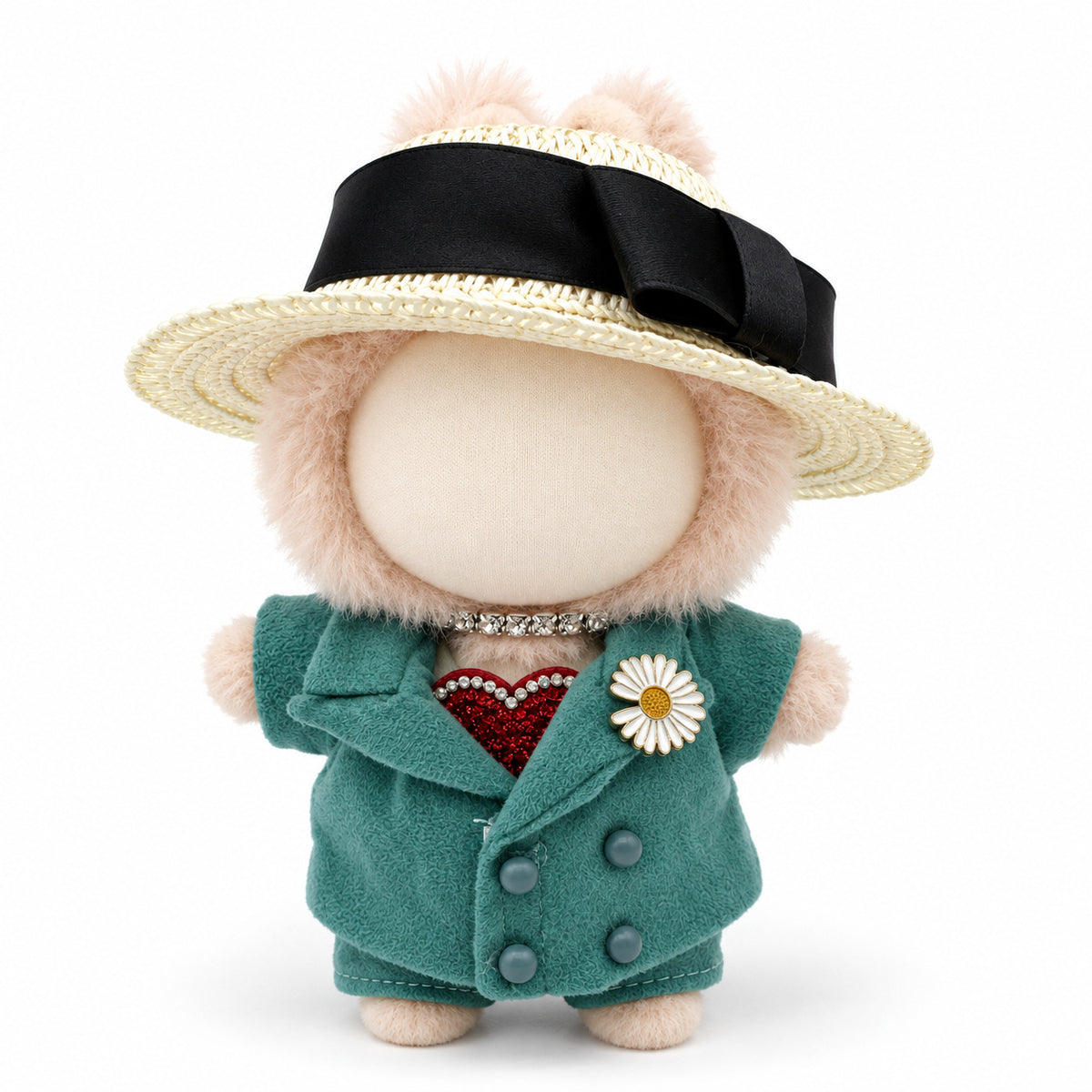 Teal Daisy Suit & Straw Hat Outfit for 17cm Doll