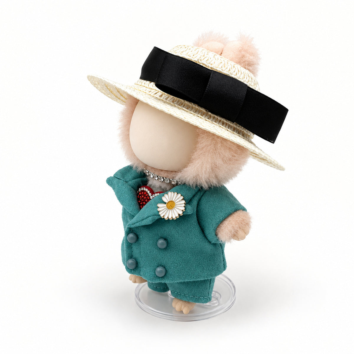 Teal Daisy Suit & Straw Hat Outfit for 17cm Doll
