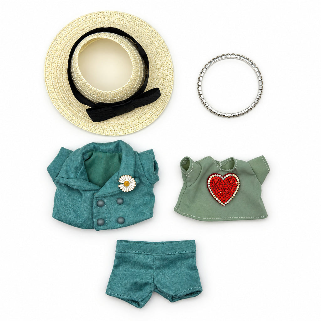 Teal Daisy Suit & Straw Hat Outfit for 17cm Doll